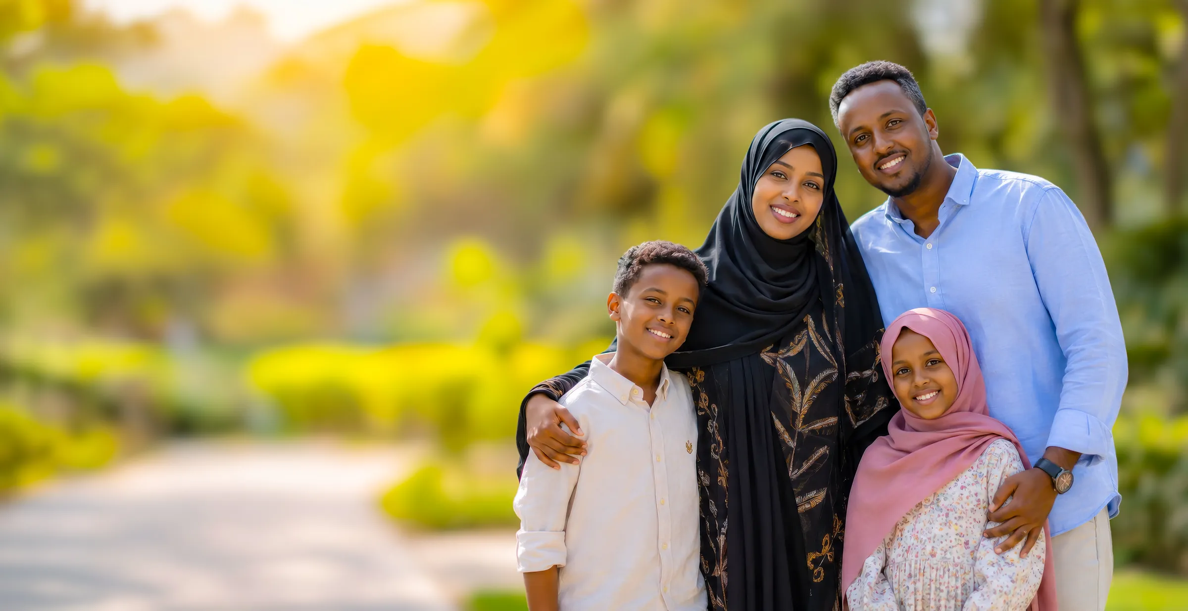 Illustrative campaign photograph of a happy Somali family spending time together in a sunlit garden